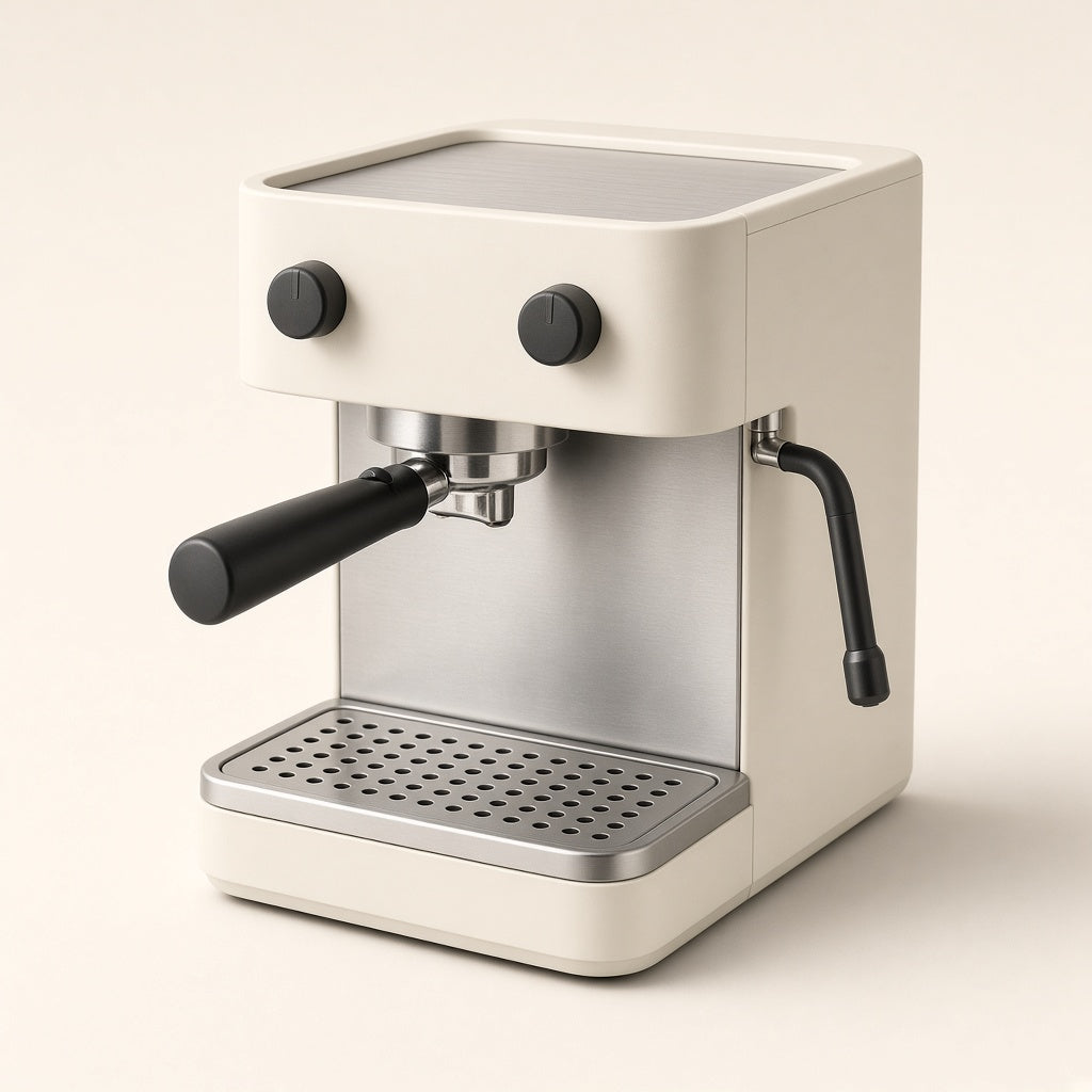 CUISINEA Barista One, machine à expresso ivoire avec porte-filtre, vue de trois quarts