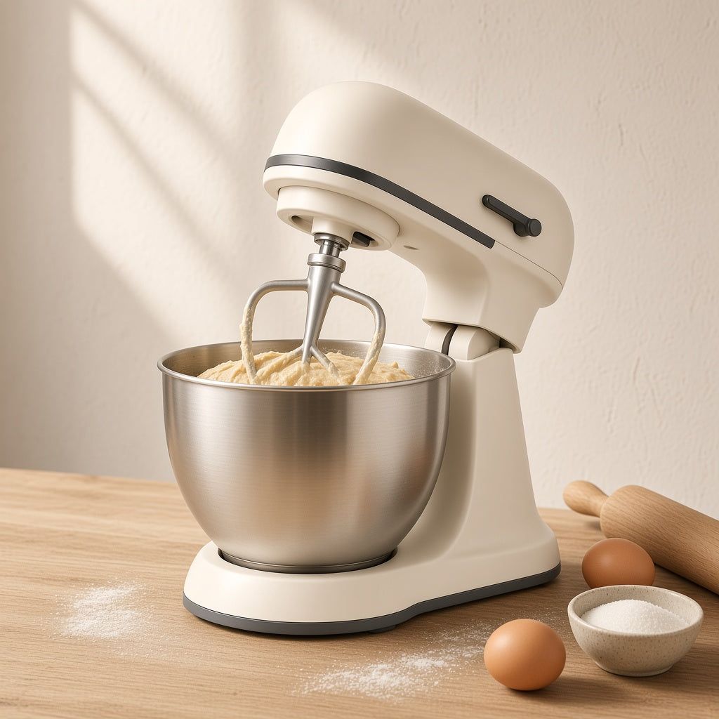 CUISINEA ChefMaster pétrissant une pâte à brioche, sur un plan de travail en bois