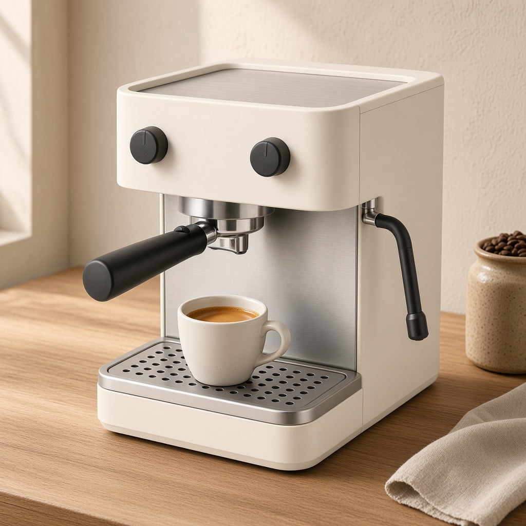 Machine à expresso CUISINEA Barista One sur un plan de travail en bois, dans une cuisine claire